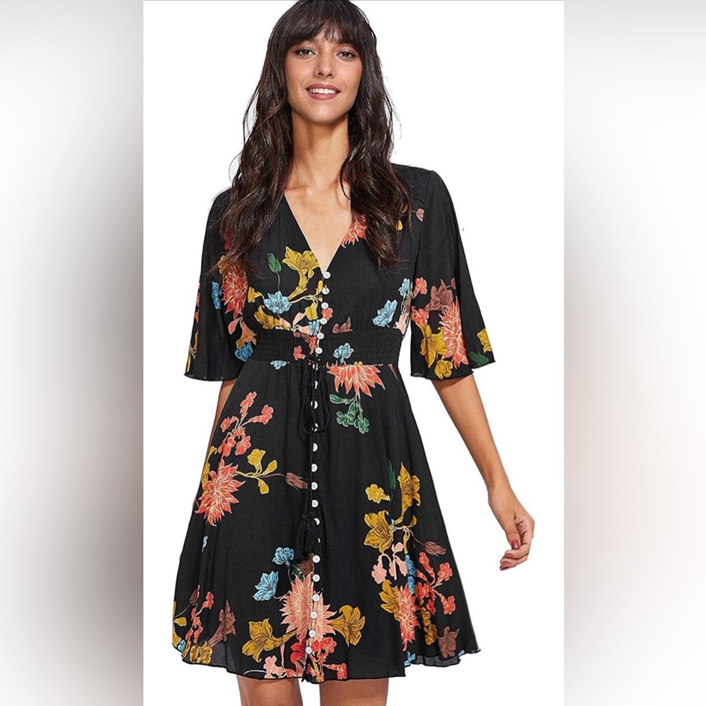Milumia Women's Floral Print Boho Button-Up Split Flowy Party Mini Dress XL
